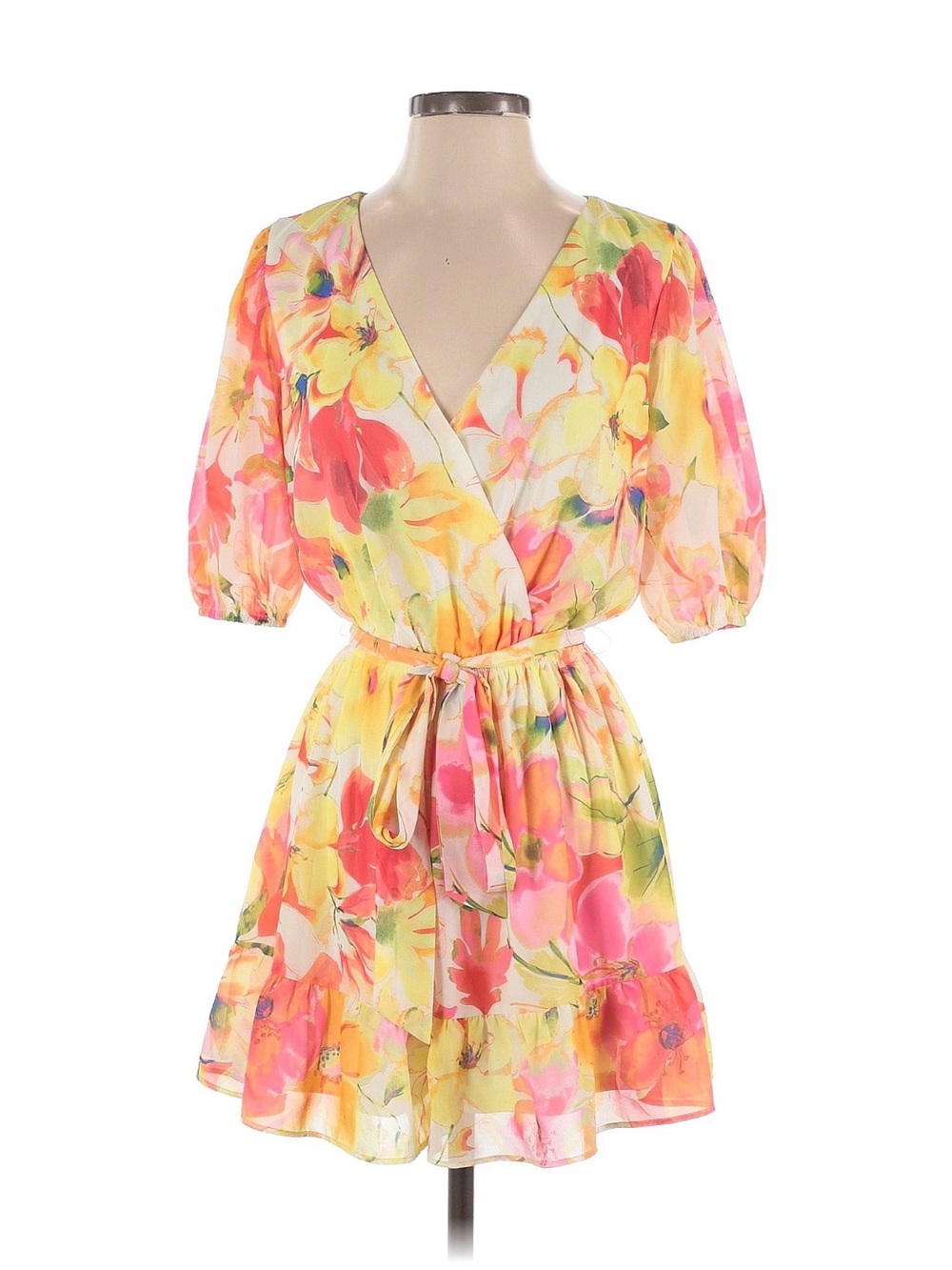 Floral Yellow & Pink Tie-Waist Mini Dress Romper